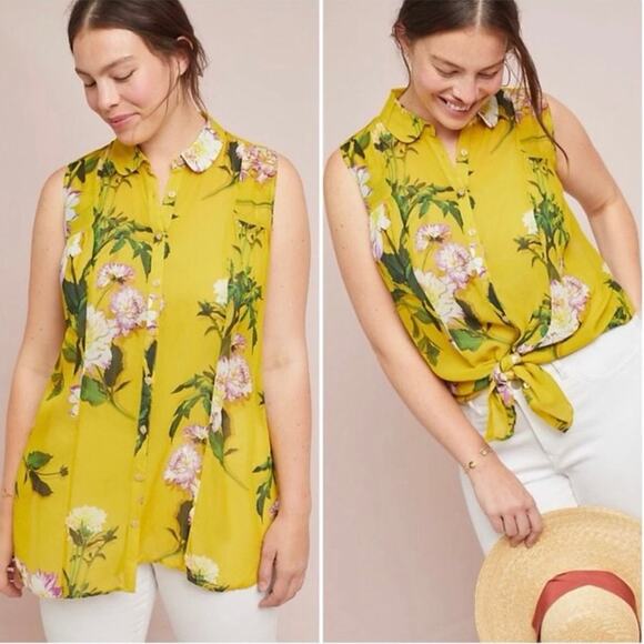 Anthropologie Tops - Anthropologie Maeve Size 14 Duchess Sleeveless Blouse Yellow Floral Sheer